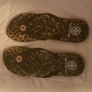 NWT Tory Burch Thin Flip Flop Black Leopard Print Gold Logo Size 9M